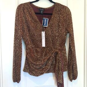 NWT Nicole Miller Top Med Dressy Brown Gold Fine Pleated Polka Dot Wrap Peplum